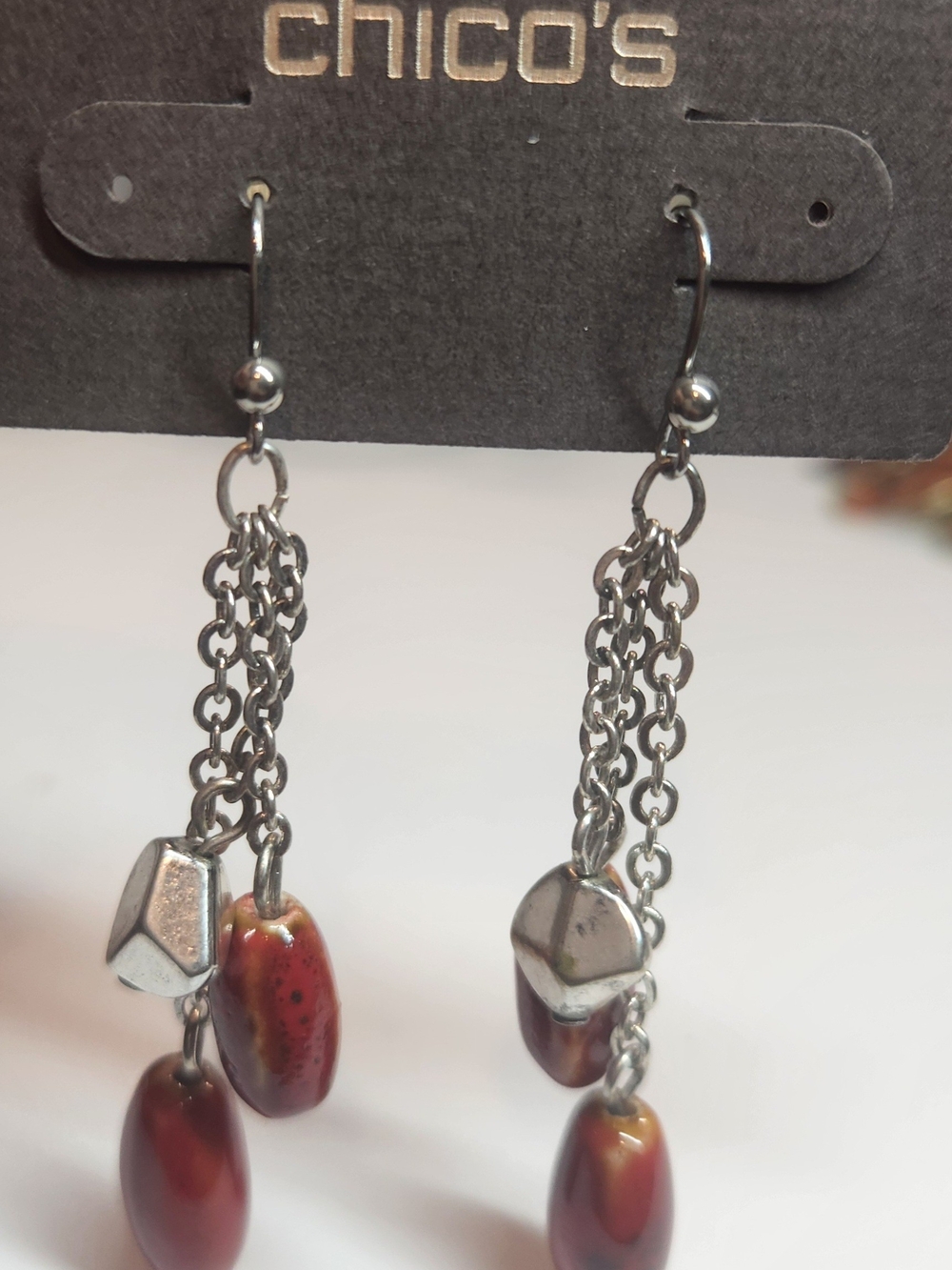 Chico's Silver-Tone Chain Drop Earrings with Brown-Red Beads
